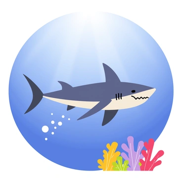 A profile view of a majestic shark with a streamlined body, showing its dorsal fin and sharp teeth. The shark glides gracefully through deep blue waters, with light rays filtering down from the surface above. Small bubbles trail behind the shark as it swims, and clusters of vibrant coral are visible in the background, adding color to the underwater scene.