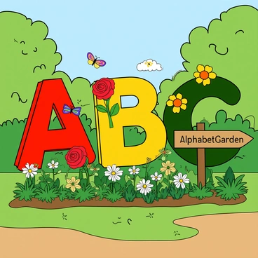 A whimsical garden filled with a variety of colorful flowers and green plants, each shaped like different letters of the alphabet. There are vibrant red roses formed into the letter "A", yellow daffodils curving to create a "B", and cheerful daisies arranged to spell "C". The background features lush green foliage and a bright blue sky. Butterflies with colorful wings flutter among the plants, and a wooden signpost with the words "Alphabet Garden" is placed prominently in the scene. The ground is a soft brown with patches of bright green grass.
