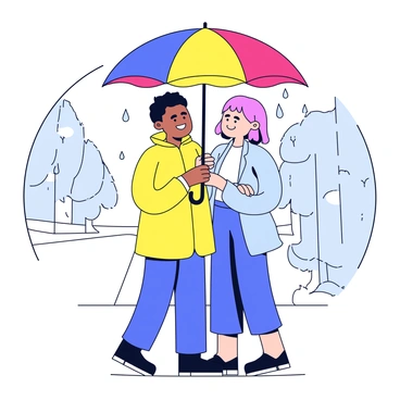 Two people are standing close together under a large, colorful umbrella. The umbrella features a vibrant design with alternating stripes of red, yellow, and blue. It is raining lightly, and droplets can be seen splashing on the ground around them. Both individuals are wearing raincoats, with one in a bright yellow coat and the other in a light blue coat. Their faces are turned towards each other, displaying warm smiles. The background shows a blurred view of raindrops falling on a sidewalk and trees in the distance.