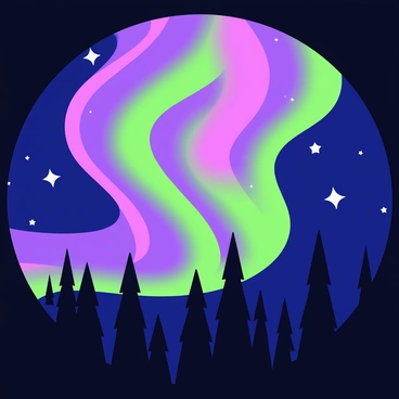 A nighttime sky filled with the "Aurora Borealis," showcasing brilliant shades of green, purple, and pink. The colors stretch and swirl across the dark canvas of the night, creating a dynamic display. Stars are faintly visible in the background, adding depth to the scene. The ground below features a silhouette of a forest with tall, dark trees framing the vibrant lights above.
