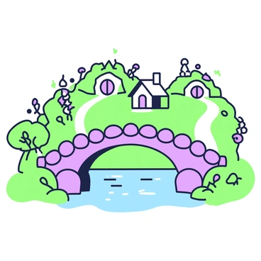 A small stone bridge arches gracefully over a gentle stream. The bridge features rounded stones, each varying in size, showcasing their texture. Below, the stream flows smoothly, with a few small ripples reflecting light. In the background, several hobbit houses with round doors and windows are nestled into a grassy hillside. Each house has a thatched roof and is surrounded by lush greenery, flowers, and pathways. The scene is vibrant and inviting, with a calm and tranquil atmosphere.