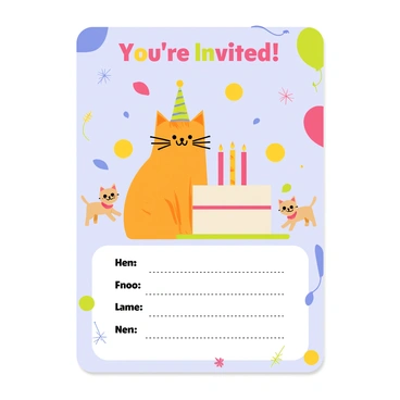 An illustrated birthday party invitation featuring a light blue background with colorful balloons and confetti. In the center, there is a cheerful orange tabby cat wearing a party hat, sitting next to a large birthday cake with lit candles. Surrounding the cat, there are playful kittens chasing after colorful yarn balls. The text on the invitation reads "You're Invited!" in vibrant, bold letters at the top. Below the cat, there is space for details about the party, framed by festive decorations.