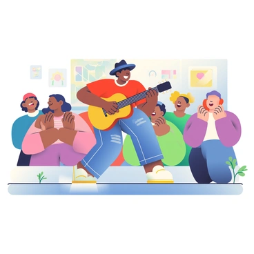 A street musician with medium brown skin and short black hair is passionately playing an acoustic guitar. He is wearing a red t-shirt and faded blue jeans, while a black fedora sits atop his head. In front of him, a small crowd of diverse individuals is gathered, showing expressions of joy and appreciation. Some people are clapping their hands, while others are swaying to the music. There are a few colorful street art murals on the walls nearby, and a couple of small potted plants are lined up on the sidewalk, adding charm to the scene.