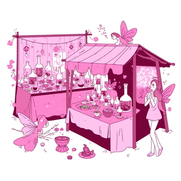 A pink fairy market is filled with activity, showcasing various stalls adorned with shimmering decorations. Each stall is overflowing with small glass bottles of colorful elixirs that catch the light, reflecting vibrant hues. Tiny magical trinkets, such as sparkling gemstones and intricately carved wooden figurines, are displayed on tables covered with rich fabrics. Fairies of different sizes and colors are interacting, examining the wares and exchanging excited chatter. The air is filled with a sense of wonder as the fairies flutter about, their wings creating soft, gentle breezes.