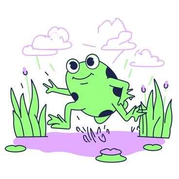 A muddy frog is jumping and splashing in a puddle after a rainstorm in a marsh. The frog has vibrant green skin with darker spots, its eyes wide open with a cheerful expression. Around the puddle, clumps of tall marsh grasses are visible, their blades glistening with raindrops. In the background, small patches of water and scattered lily pads can be seen, while the sky above is cloudy and gray, hinting at the recent rain. The frog's legs are extended as it leaps, sending droplets of water flying in all directions.