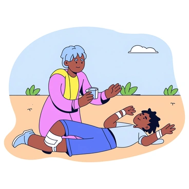 A kind figure dressed in simple clothing kneels beside an injured traveler lying on the ground by a dirt roadside. The Good Samaritan is gently lifting the traveler's head, offering a cup of water, while a concerned expression illustrates compassion on their face. The traveler has bandages on their arm and appears grateful for the help. The scene is framed by sparse greenery and a clear blue sky, providing a peaceful atmosphere for this act of kindness.