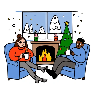 A cozy indoor scene during winter with snow gently falling outside the window. Inside, a light-skinned woman with big eyes and long brown hair is sitting on a plush sofa, wearing a warm red sweater and gray leggings, smiling as she holds a steaming mug of fire cider. Next to her, a dark-skinned man with big eyes and short hair is leaning back in a comfortable armchair, wearing a blue sweater and dark jeans, looking content as he stirs his own mug. The fireplace is crackling with flames, casting a warm glow across the room, which is decorated with festive ornaments and a small Christmas tree in the corner. Snow-covered trees are visible through the window, adding to the winter ambiance.