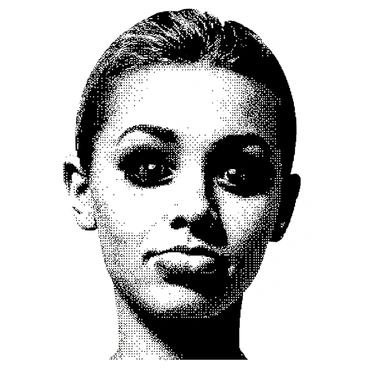 A portrait where the face is pixelated and fragmented in a glitch style
