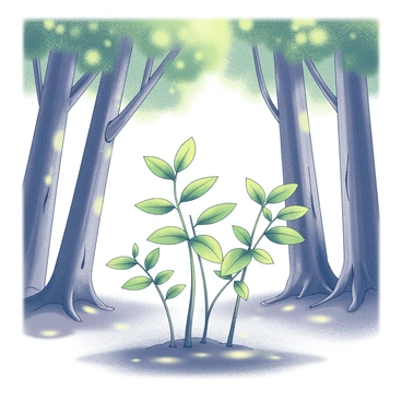 A group of young saplings is emerging from the forest floor, displaying vibrant green leaves and slender trunks. These saplings are clustered together in a clearing, where sunlight filters through the canopy above, creating dappled patterns on the ground. Surrounding this clearing are tall, mature trees with thick trunks and expansive branches, their leaves forming a lush, green ceiling. Some of the older trees have rough bark and deep grooves, adding texture to the scene, while the young saplings stand in contrast with their delicate stature. The overall composition highlights the growth and vitality of new life amidst the grandeur of established trees.