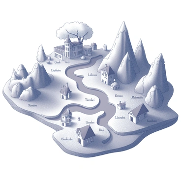 A hand-drawn map laid out on a textured surface. The map features a winding river that runs through a landscape dotted with whimsical landmarks. There are intricately designed mountains in the background, with varying heights and shapes. A large tree is depicted, its trunk wide and branches sprawling, perhaps serving as a noteworthy landmark. Small houses with unique shapes and chimneys are scattered throughout the map, each with distinct architectural features. Pathways crisscross the landscape, leading to notable locations such as a castle, a stream, and a small village. Labels are elegantly written in a decorative font, identifying each landmark.