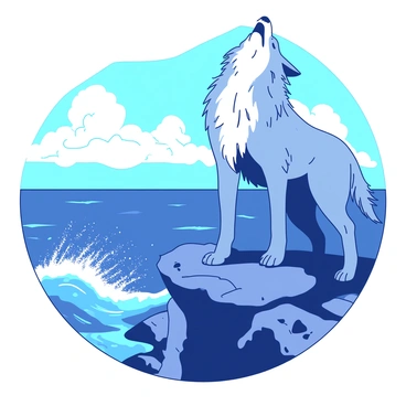 A grey wolf stands majestically on the edge of a rocky cliff, its head raised towards the sky as it howls. The wolf's fur is ruffled by the strong winds coming from the ocean below. In the background, a vibrant blue ocean wave crashes against the rocks at the base of the cliff, sending sprays of white foam into the air. The sky is filled with dramatic clouds, adding depth to the scene. The wolf's stance is powerful and commanding, embodying the wild spirit of nature.