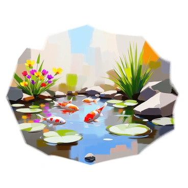 A peaceful koi pond filled with colorful koi fish swimming gracefully. The water is clear, reflecting the blue sky above. Surrounding the pond are lush wetland plants, including tall reeds and broad-leaved lily pads, creating a natural border. Vibrant flowers in various colors bloom nearby, adding splashes of red, yellow, and purple. A few small stones peep out from the edge of the pond, enhancing the tranquil scene. The overall atmosphere is one of serenity and harmony with nature.