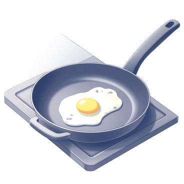 A frying pan resting on a stove. The pan is black with a shiny surface, and inside it sits a perfectly cooked sunny-side-up egg. The egg has a firm white and a bright yellow yolk that is intact and glistening. Tiny bubbles of oil or fat can be seen around the edges, indicating the egg is sizzling. The handle of the frying pan is prominently displayed, and the background features a light kitchen countertop.