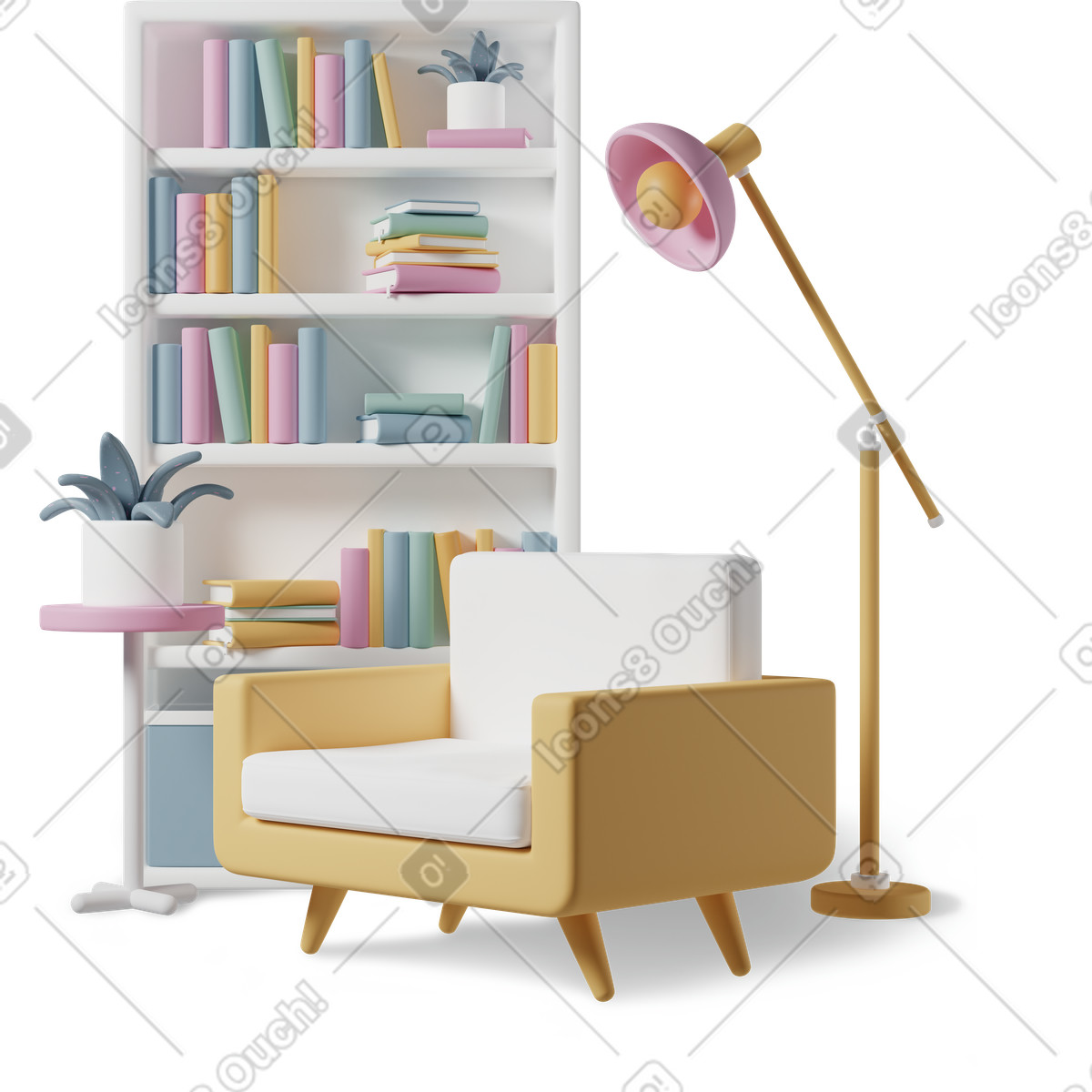 Иллюстрация Interior set with armchair, bookcase, and floor lamp в стиле 3D Casual life — скачать в форматах PNG, SVG