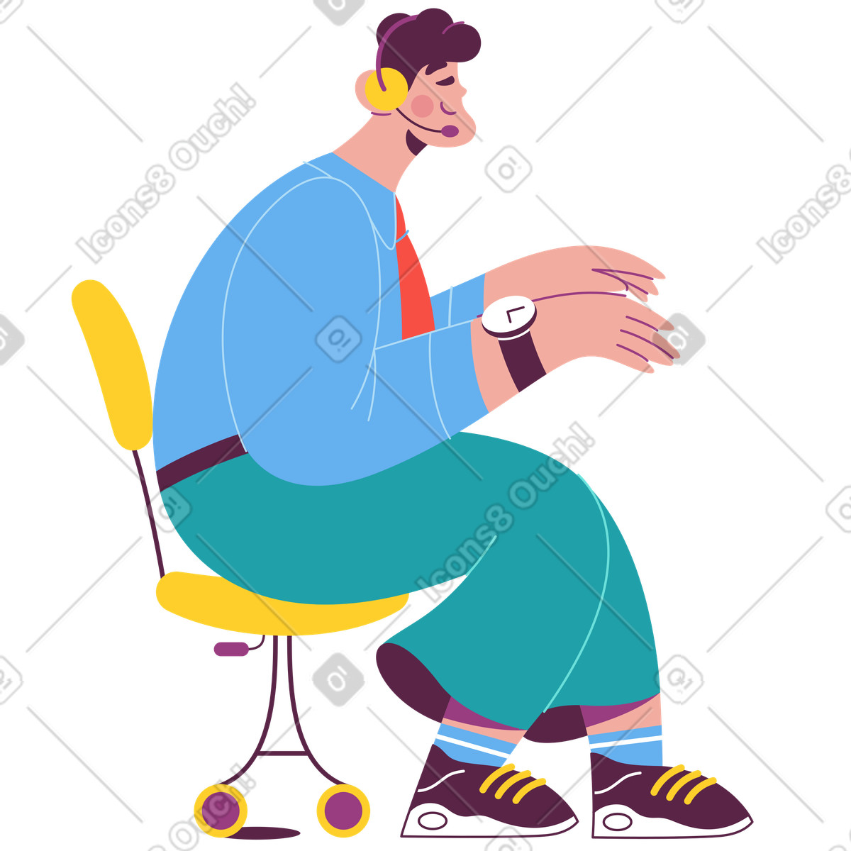 Mann mit kopfhörern beim schreiben animierte Illustration im Sammy-Stil als Download in GIF, Lottie (JSON), AE