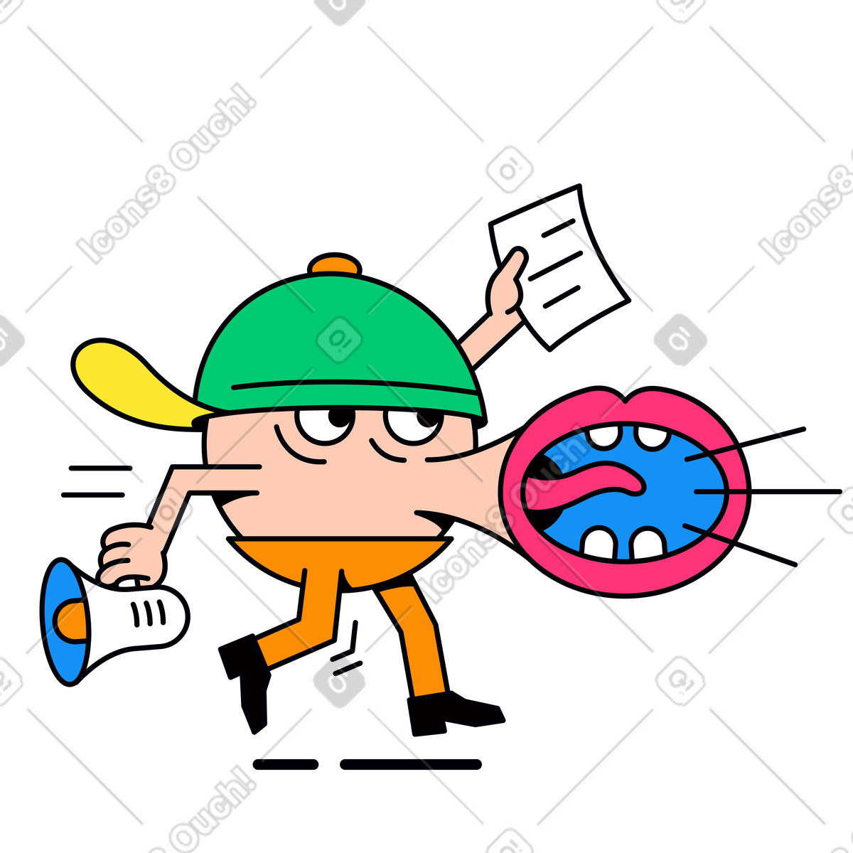 Marketing employee running with megaphone illustration in Droll style download in PNG, SVG