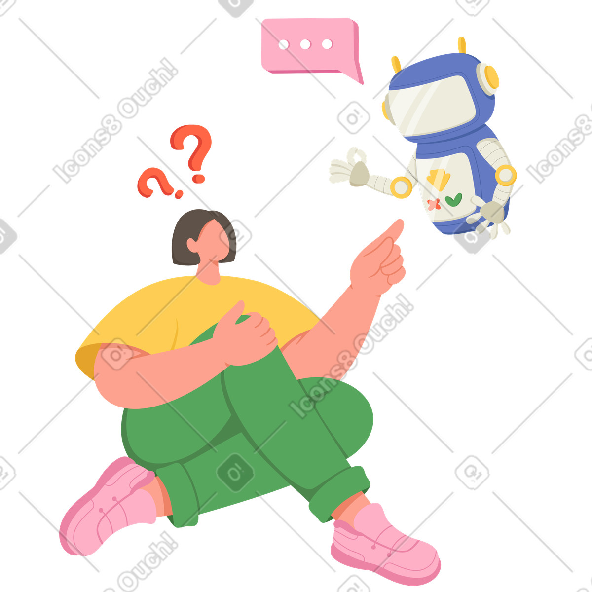 Illustration Assistant robot fournissant des réponses à la question d’une femme dans le style Social télécharger aux formats PNG, SVG