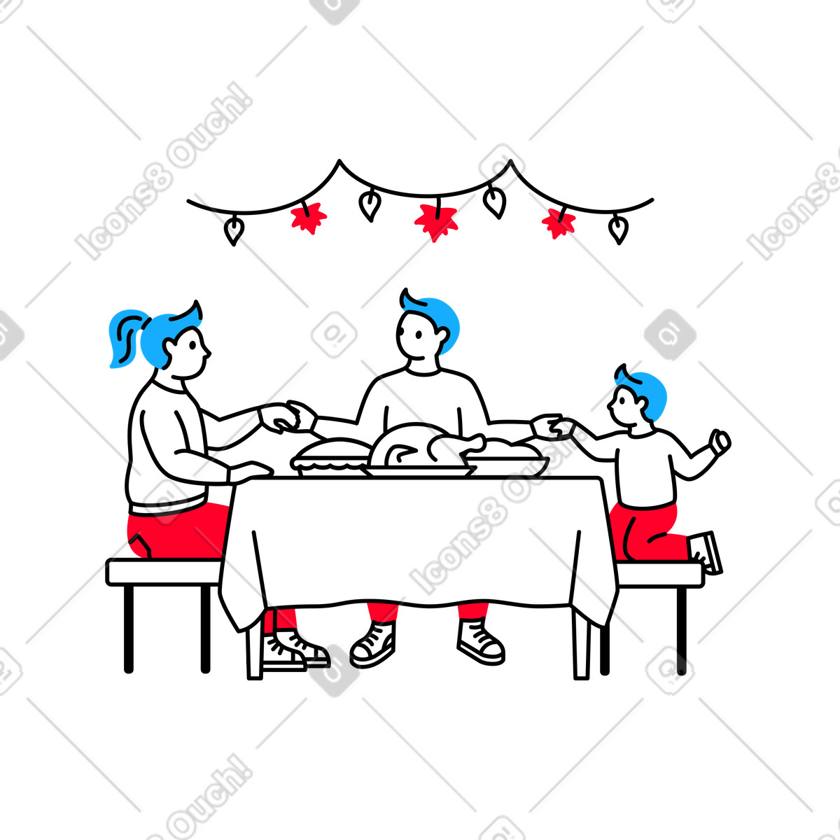 Ilustración Familia tomada de la mano en mesa del comedor el día acción gracias estilo Transistor a descargar PNG y SVG