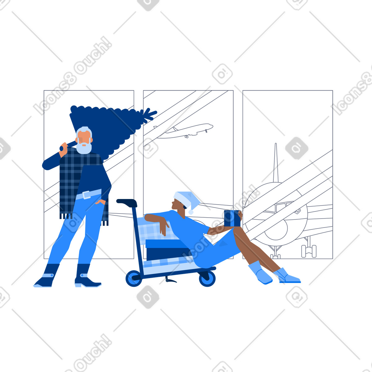 Modern Santa Claus with Christmas tree and his helper at airport, Festive air travel illustrazione in stile Urban scarica in PNG, SVG