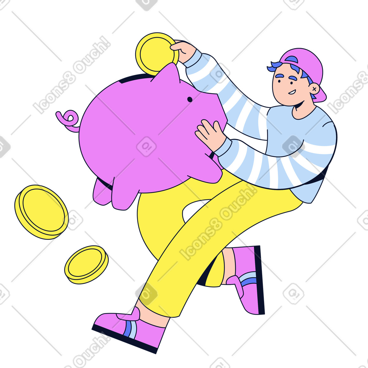 下载 Flexy 风格的 Teenager putting coin in piggy bank, Personal finance and money management 插画，支持 PNG、SVG 格式