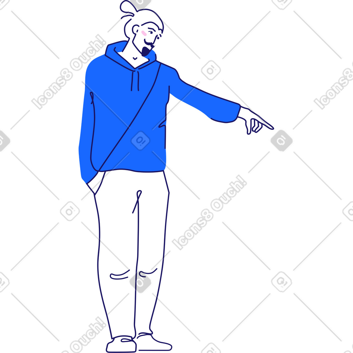 Illustration Homme avec barbe et moustache pointant vers quelque chose dans le style Matey à télécharger aux formats PNG, SVG