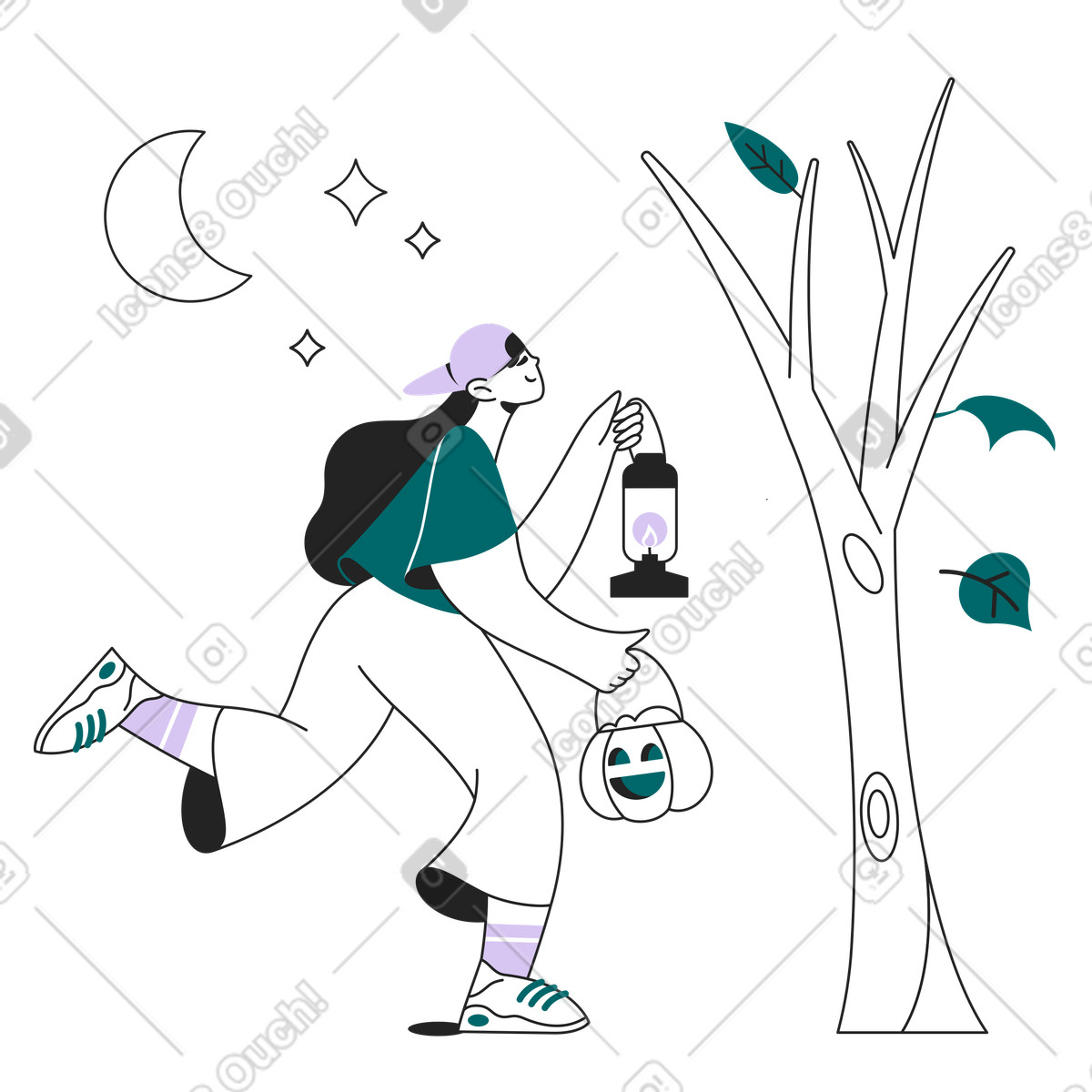 Ilustração de Caminhada noturna garotas halloween em no estilo Sammy Line para baixar em PNG, SVG