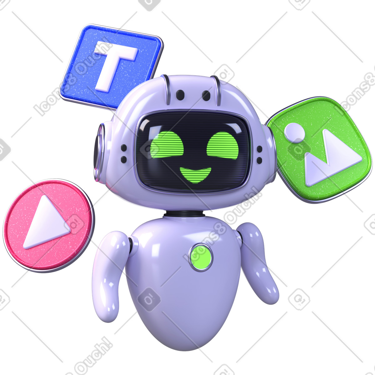 Friendly virtual assistant and media icons, automated content creation and productivity illustration in PNG, SVG