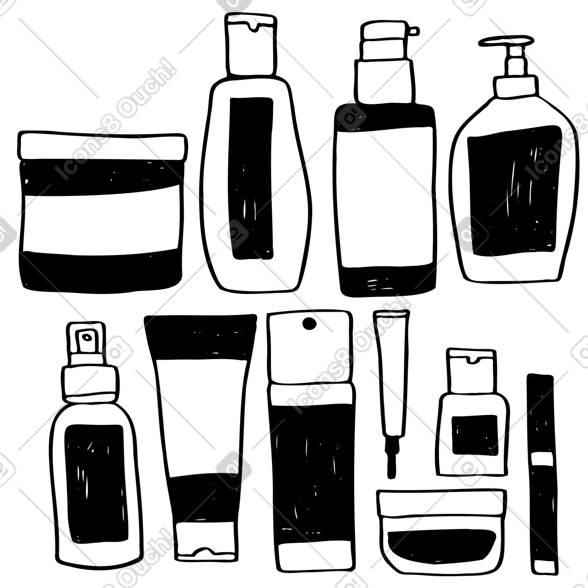 Different bottles for makeup and skincare products illustration in Marks style download in PNG, SVG