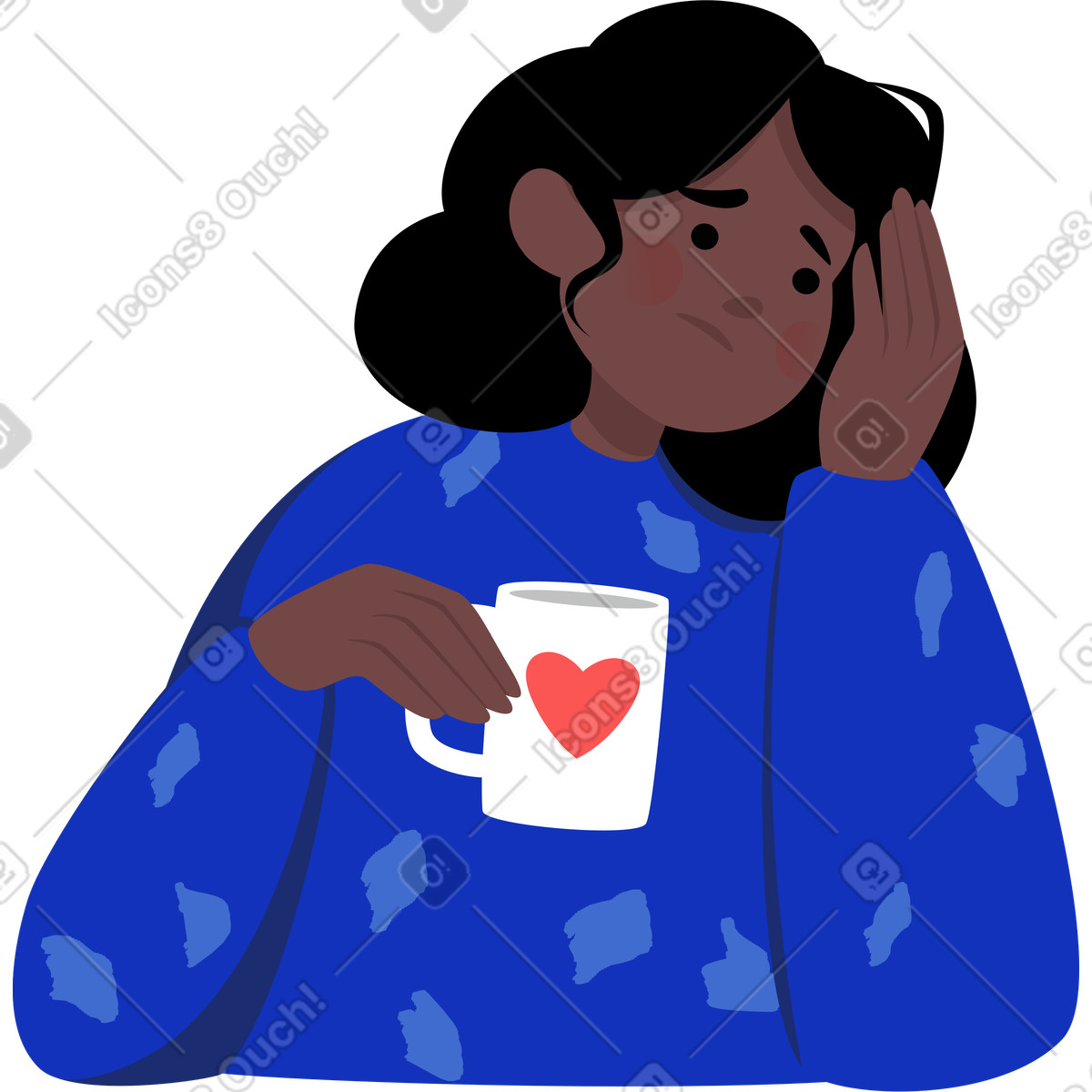 Ilustración Chica cansada con una taza en las manos estilo Lagom a descargar PNG y SVG