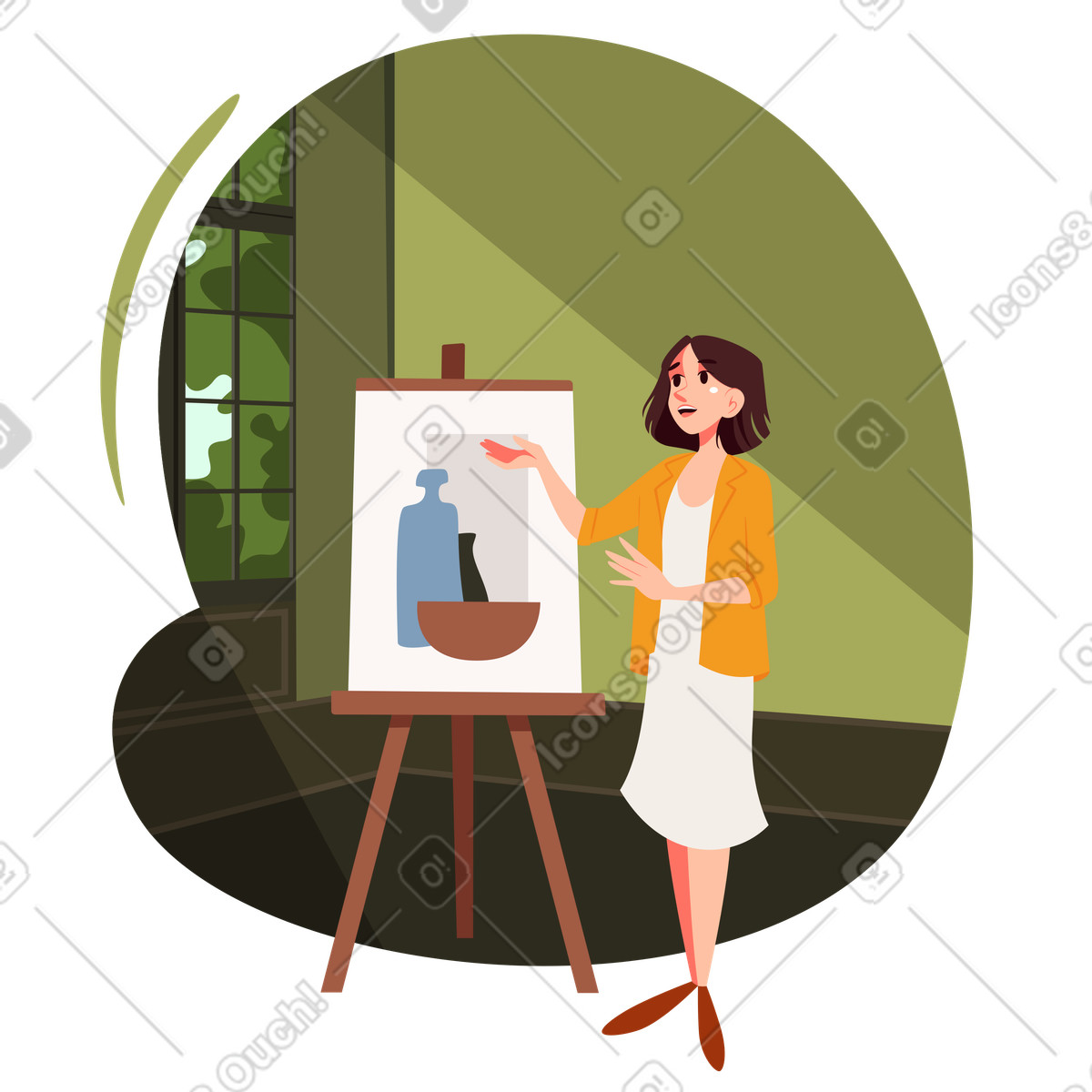 Junges mädchen präsentiert ein gemälde in einer galerie-Illustration im Vivid-Stil als Download PNG, SVG