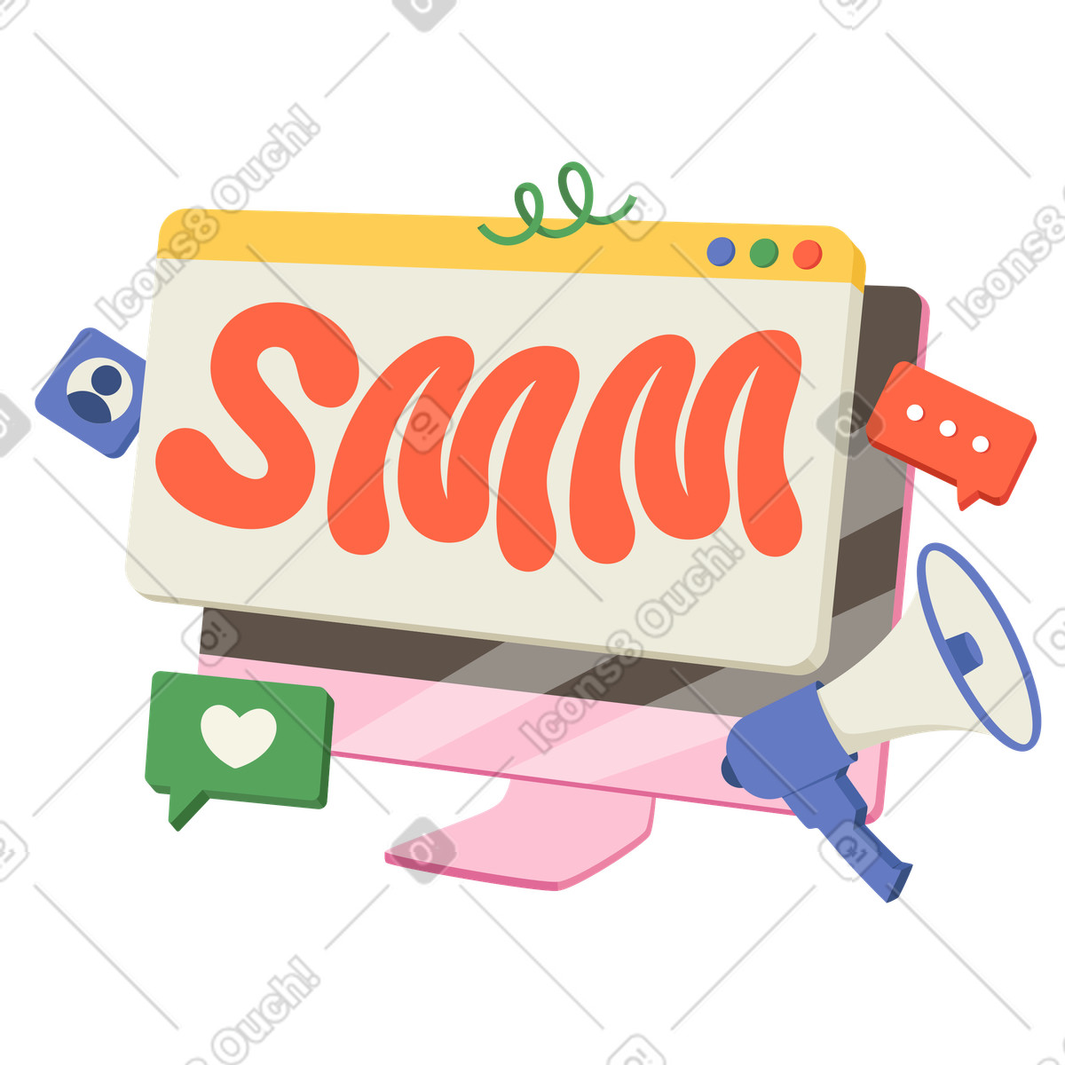 SMM sign on monitor with chat bubbles and megaphone, Content marketing campaign-Illustration im Social-Stil als Download in PNG, SVG