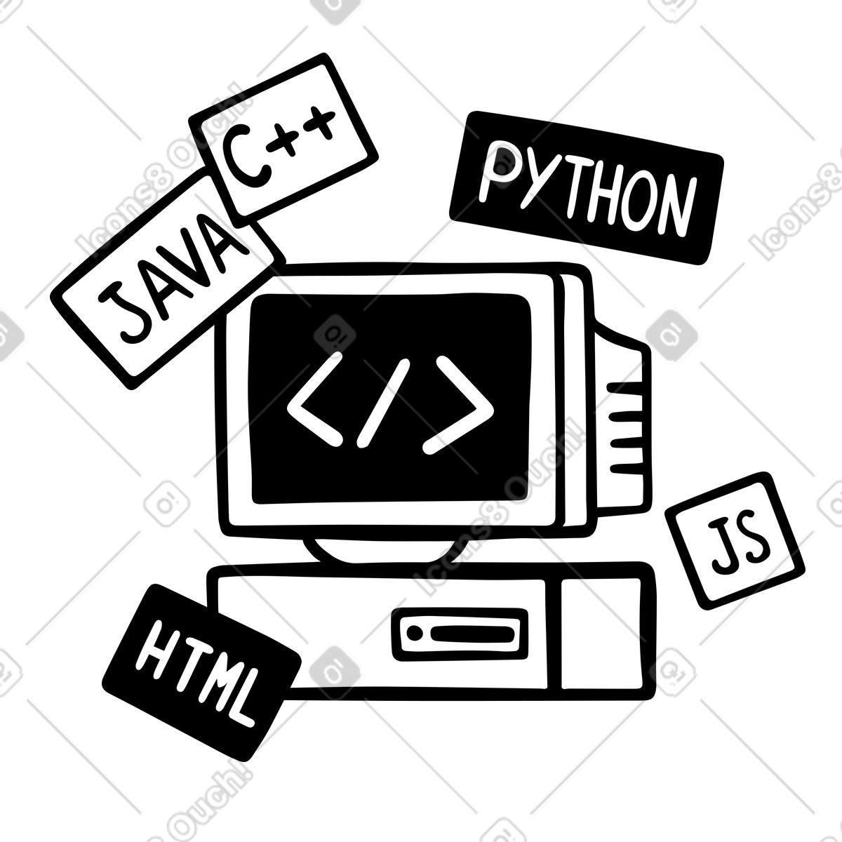 Coding on vintage pc and programming languages illustration in PNG, SVG