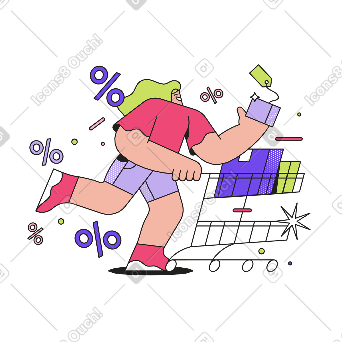 Ilustração de Customer running with trolley full of packages, black friday and discount shopping em no estilo Dazzle para baixar em PNG, SVG