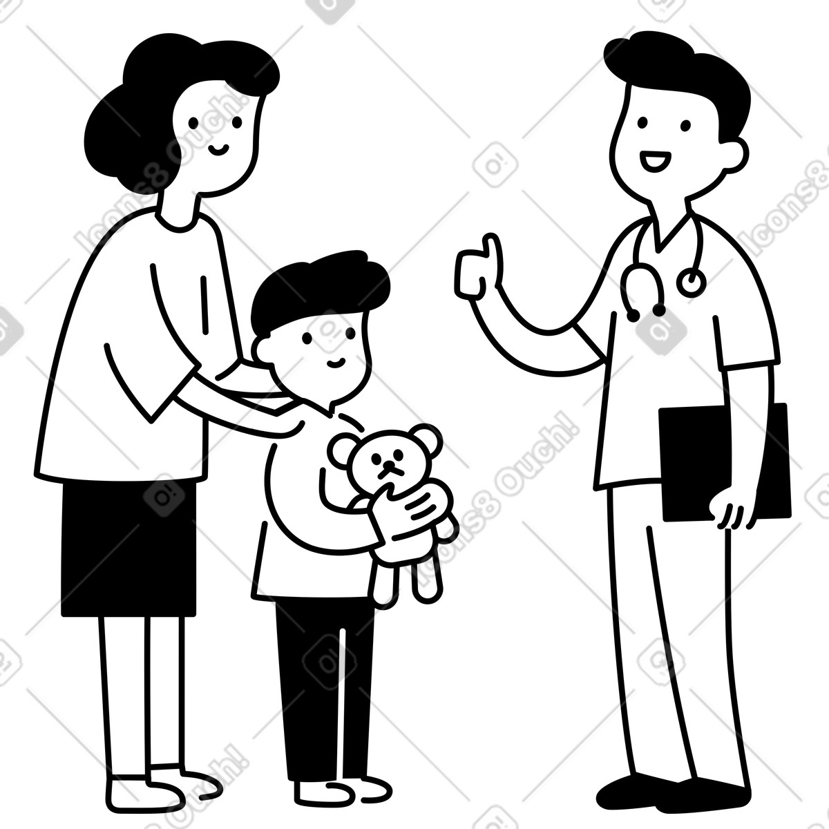 Notion Line Art 스타일의 Doctor talking with child holding teddy bear and supportive parent 일러스트레이션 PNG, SVG 다운로드