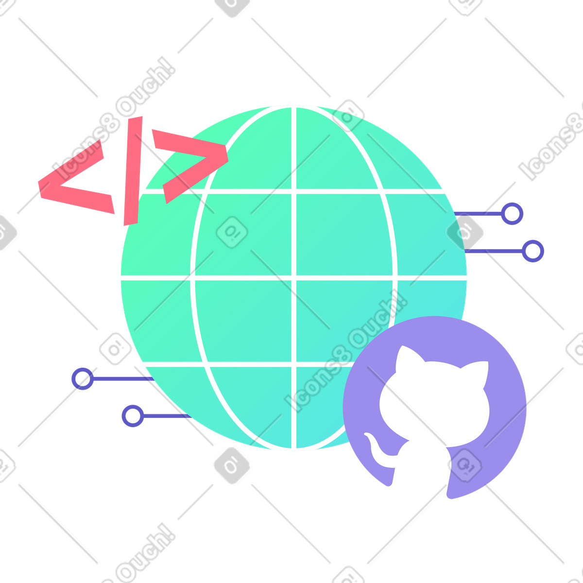 Global programming network and collaborative coding, GitHub and open source software development illustration in PNG, SVG
