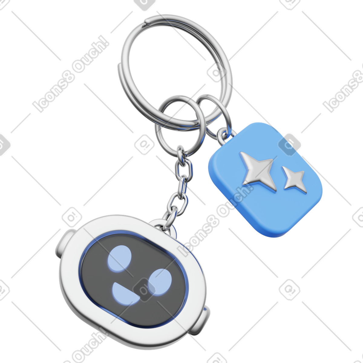Robot head keychain and AI stars charm, playful tech merch illustration in PNG, SVG