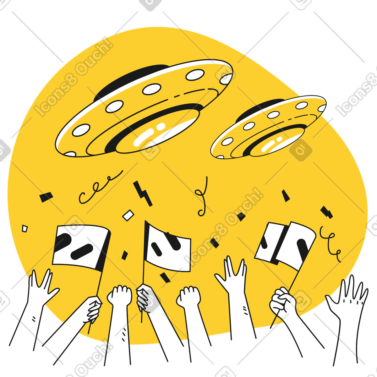People waving flags at ufos animated illustration in Taxi style download in GIF, Lottie (JSON), AE