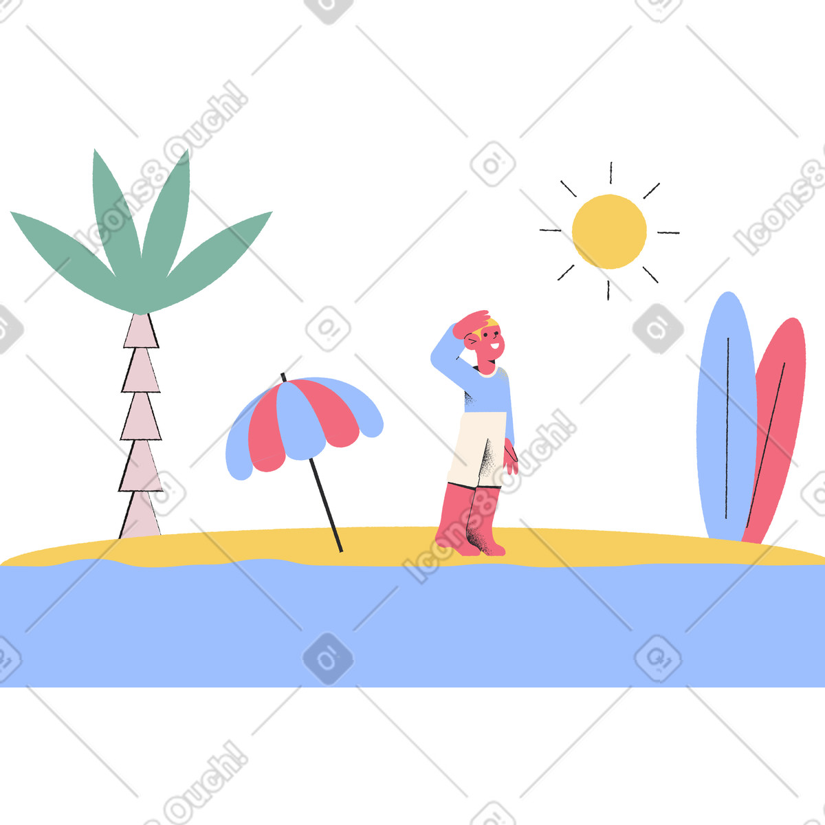 Urlauber steht am strand und schützt sein gesicht vor der sonne-Illustration im Pablo-Stil als Download in PNG, SVG