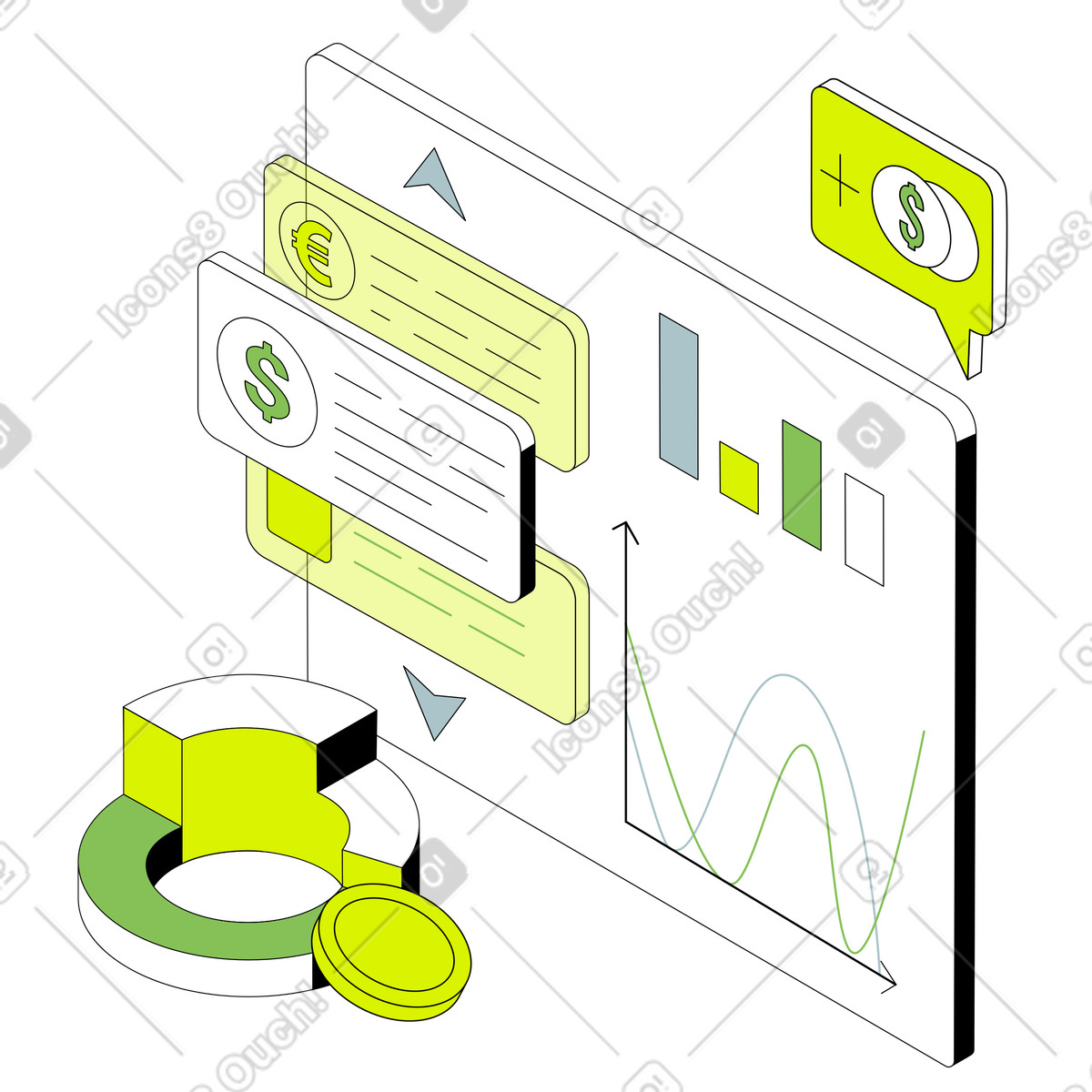 Statistiche finanziarie e analisi valutarie illustrazione in stile Isometric scarica in PNG, SVG