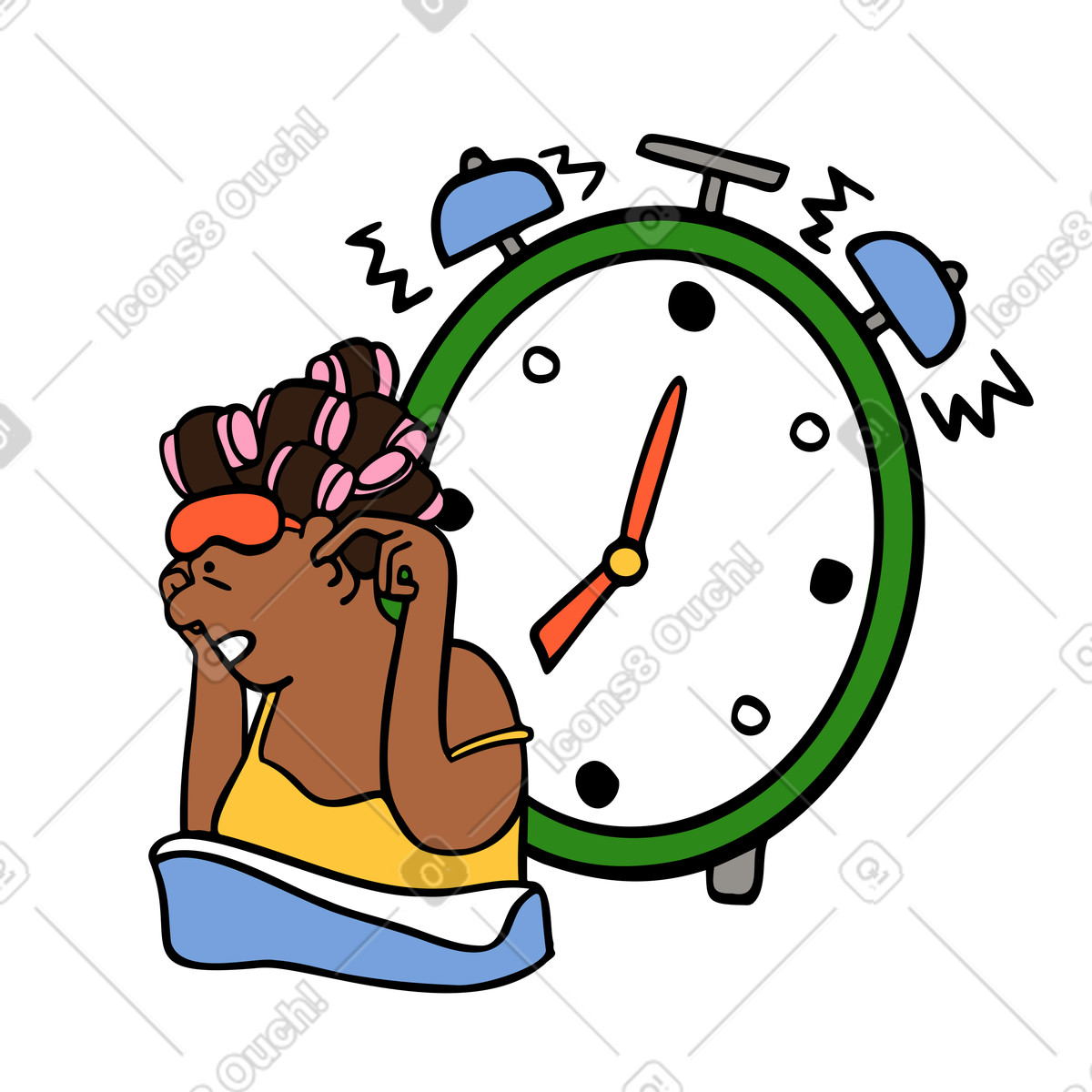 Woman waking up from a ringing alarm illustration in Comic style download in PNG, SVG