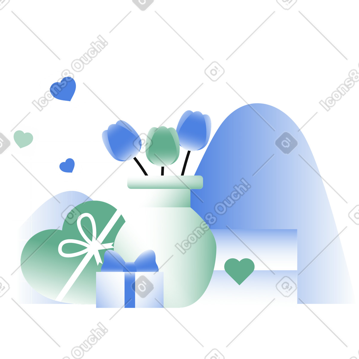 Flowers in vase, gifts and letter for Valentines day illustration in PNG, SVG