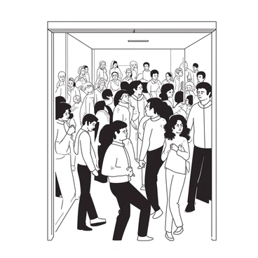 A white elevator filled with more people than it can accommodate. The space is cramped, with individuals standing shoulder to shoulder, looking uncomfortable. Some passengers are shifting their weight from one foot to the other, while others have their arms pressed tightly against their sides. A few people are glancing at each other with expressions of mild annoyance or frustration. The walls of the elevator are lined with mirrors, reflecting the crowded scene, adding to the feeling of tightness in the space.