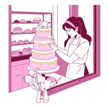 A baker wearing a white apron and a pink headband is carefully placing the final touches on an elaborate wedding cake in a bakery window. The wedding cake has multiple tiers, each adorned with delicate white icing flowers and intricate gold piping. The bakery window is filled with natural light, casting a warm glow on the cake. In the background, there are various pastries displayed on wooden shelves, and a small bouquet of white flowers sits on the counter next to the cake. The baker looks focused as she adds the last decorative element to the cake's top tier.