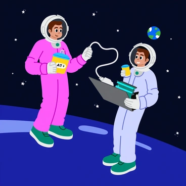 Two astronauts in sleek, futuristic space suits are floating in the dark expanse of outer space. They are surrounded by twinkling stars and a distant view of Earth. One astronaut is holding a small, glowing container labeled "ATP," while the other is connecting a flexible cable from the container to a piece of high-tech equipment. The equipment is emitting a soft blue light, indicating it is powered on. The astronauts are engaged in focused communication, with their helmets reflecting the vibrant colors of the surrounding universe.