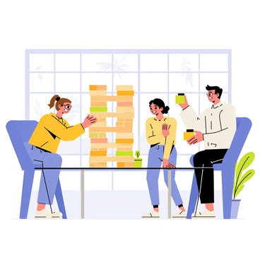 A group of four colleagues is engaged in a game of Jenga in a modern office. The scene features a wooden Jenga tower stacked in a precarious position in the center of a sleek glass table. One colleague, a woman with brown hair tied in a ponytail, is carefully removing a block from the tower. Another colleague, a man with glasses, is leaning forward, watching intently with a focused expression. A third colleague, a woman with curly hair, is laughing and cheering. The fourth colleague, a man with short hair, is holding a block in his hands, ready to make his move. The office has large windows allowing natural light to flood the space, showcasing contemporary furniture and potted plants in the background.