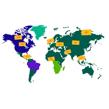 A detailed world map with vibrant colors, showing various countries and regions. Each country is marked with a unique lottery ticket design, featuring bold numbers and bright colors. The tickets are affixed to the map in different positions, indicating various locations. Some tickets are partially overlapping with country outlines, while others are neatly placed within borders. The map contains clear geographical features, such as mountains, rivers, and major cities, providing context to the lottery ticket placements.