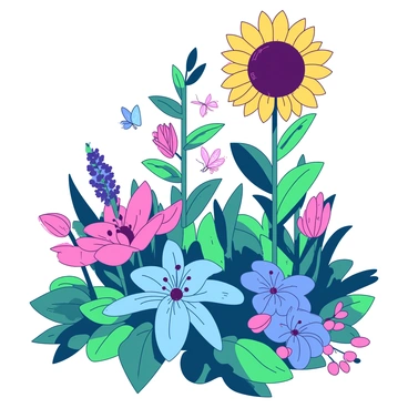A vibrant garden is filled with oversized flowers and plants. The flowers have large petals in various shapes, such as round and spiky, and display a rich array of colors. Some flowers are towering over the scene, their stems thick and sturdy. There are lush green leaves surrounding the flowers, with intricate textures visible on the leaf surfaces. In the foreground, a large blue lily sits prominently, contrasting with a towering yellow sunflower in the background. Butterflies with detailed wings flutter among the flowers, adding a lively sense of movement to the garden. The sky is clear and bright, allowing the vivid colors of the garden to stand out even more.