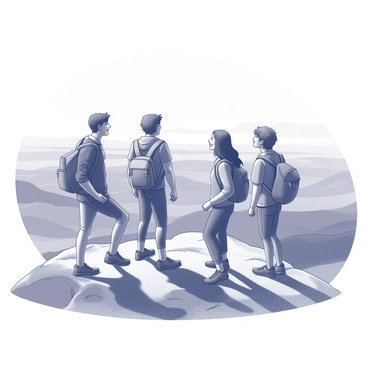 A group of four friends is standing together at the summit of a mountain. They are wearing hiking gear, including backpacks and sturdy shoes. Each friend has a different stance, showcasing their excitement and achievement. In the background, a vast vista is visible, featuring rolling hills, rocky outcrops, and a distant horizon. The sky above is clear, allowing for a breathtaking view of the landscape below. The friends appear to be smiling and looking out at the scenery, celebrating their accomplishment together.