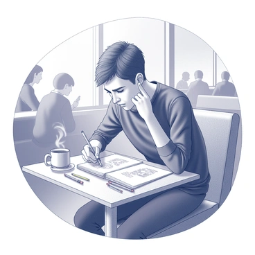 An artist is seated at a small table in a cozy cafe, sketching comic ideas. The artist has a focused expression as they hold a Faber-Castell pencil in one hand, poised over a notebook filled with rough drawings. The table is cluttered with various Faber-Castell supplies including colored pencils and ink pens. In the background, a steaming cup of coffee sits, and a soft glow from a nearby lamp enhances the warm atmosphere. Several patrons can be seen in the distance, engaged in quiet conversation, adding to the inviting ambiance of the cafe.