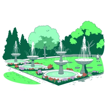 A green park is filled with six ornate fountains, each intricately designed and positioned in a symmetrical layout. Water is shooting high into the air from the spouts of the fountains, creating arcs of water droplets that sparkle in the sunlight. Surrounding the fountains, there are manicured flower beds featuring vibrant blooms in a variety of colors. The grass is lush and well-maintained, and a few people can be seen walking along the cobblestone paths that weave through the park. Trees with full canopies provide patches of shade throughout the area.